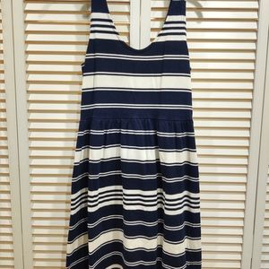 Navy and white striped knee length dress